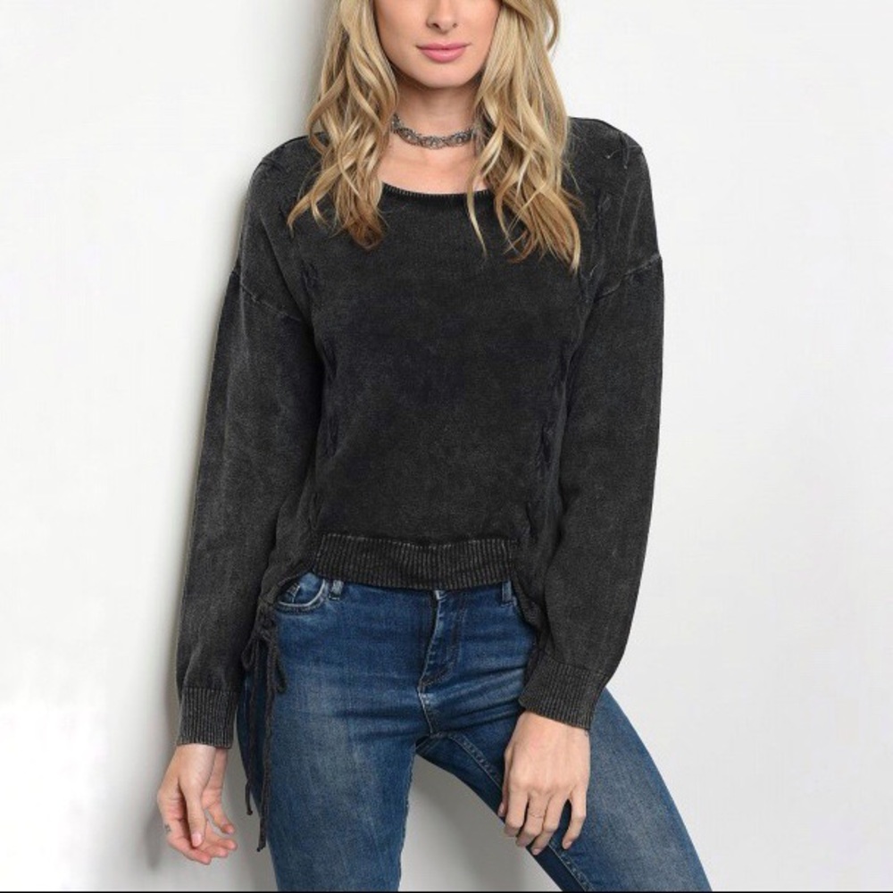 Dark Grey/Black Lace Up Detail Sweatshirt